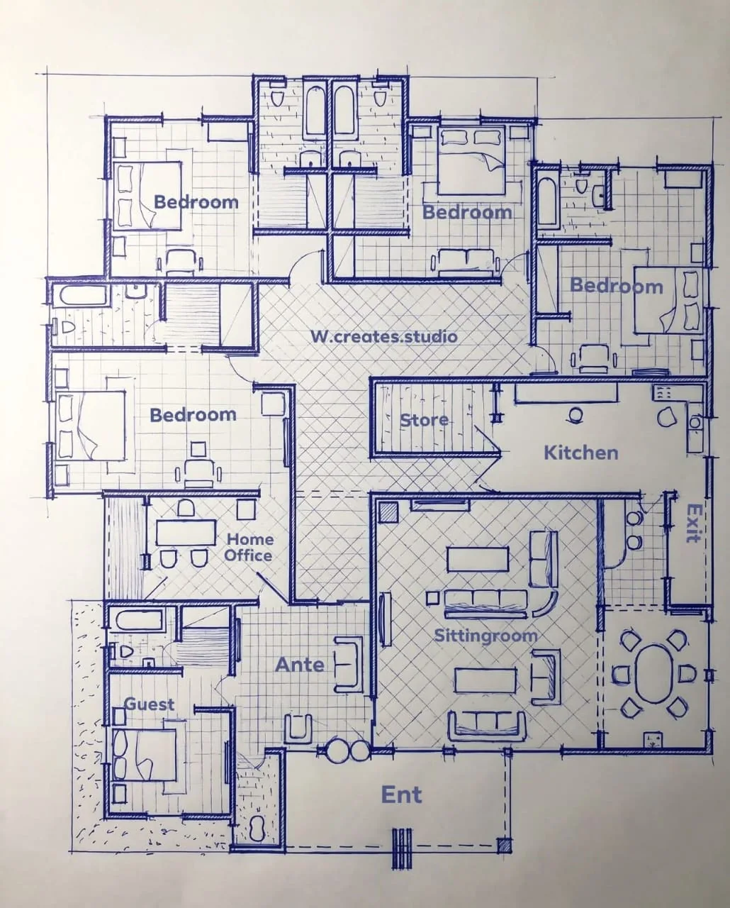 Blue ink residential floor plan