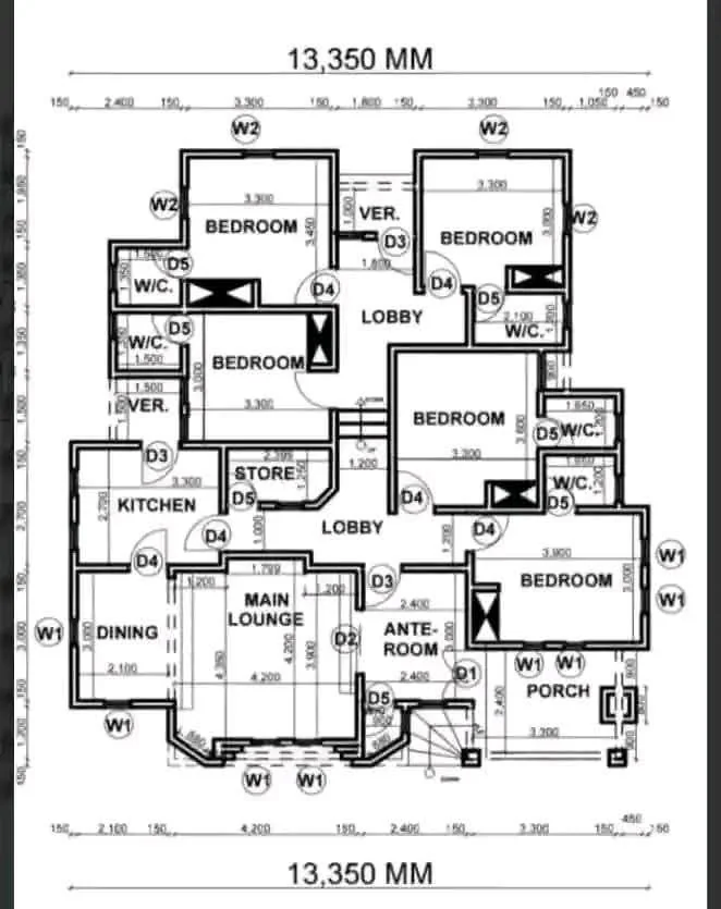 Building plan with rooms and dimensions