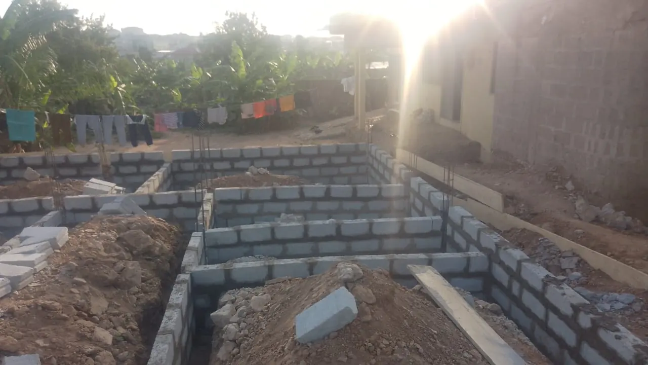 Excavated construction site with foundation lines